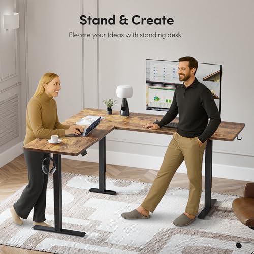 Image of FEZIBO 75x63 L Shaped Standing Desk, Electric Height Adjustable L Shaped Desk, Suitable for Home Office, Vintage-Brown