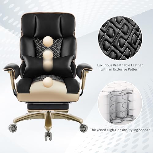Image of Big Tall Executive Office Chair 500lbs, Comfortable PU Leather Desk Chair with Footrest Adjustable Air Back Support, Lumbar Massage Function, 360Swivel, Tilt Recline,Height Adjustment,Black