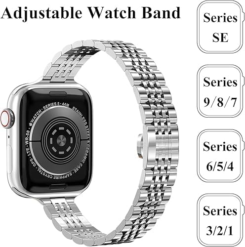 Image of Slim Metal Band Compatible with Apple Watch Straps 42mm [Series 10] 41mm 40mm 38mm, Stainless Steel Chain Strap for Women iWatch Straps Series 9 8 7 6 5 4 3 2 1 SE [WATCH NOT INCLUDED]