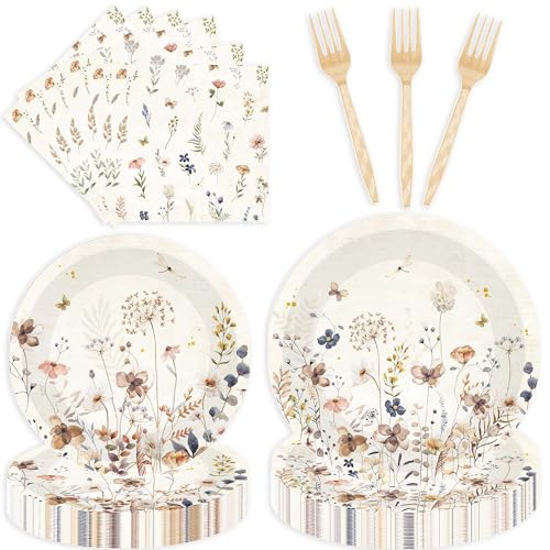 96 Pcs Floral Party Decorations, Boho Wildflower Themed Baby Shower Tea Garden Birthday Party Supplies Tableware Set for 24 Guests, Includes Plates Napkins Forks