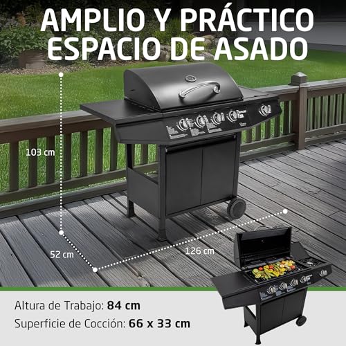Miniatura 4 de Amig - Barbacoa De Gas Fireplus 4 1 De 9,3 Kw - Acero Inoxidable Negro - Parrilla Con Ruedas Modelo Grill-4f - Barbacoa Xxl Con Carro Y Termómetro - 126x52x103 Cm - 5 Quemadores Y Bandeja Lateral