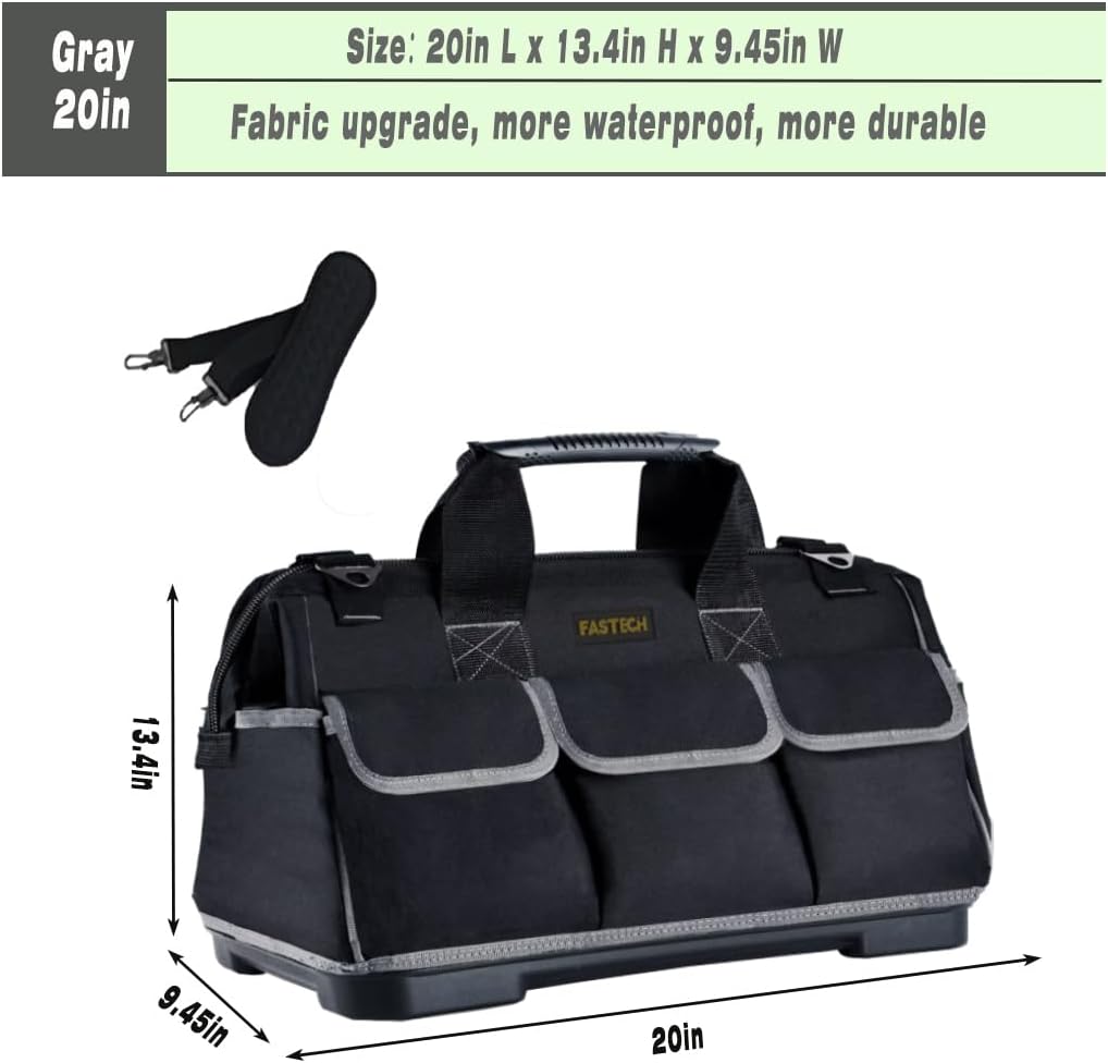 FASTECH 20-inch Wide Mouth Tool Bag with Water Proof Molded Base, Waterproof Tool Organizer Bag for Men with Adjustable Shoulder Strap (Grey-20INCH) - Image 2