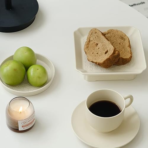 Wenshuo Cherry Blossom Decorative Ceramic Dessert Plate, Pedestal Square Tray, Matte Crème #TOP5