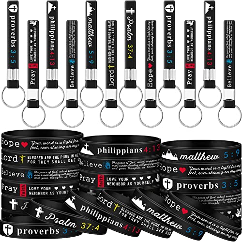 Image of Lewtemi 24 Pcs Christian Gift for Men Women Christian Keychain Bulk Church Bible Verse Religious Silicone Bracelet