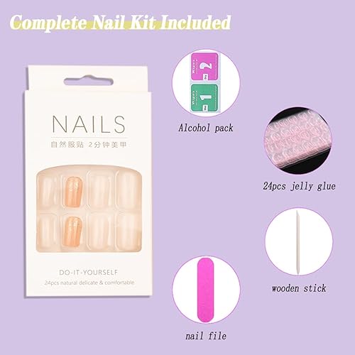 Miniatura 6 de 24 uñas postizas blancas medianas a presión, cuadradas, con diseño brillante, cobertura completa, albaricoque, uñas acrílicas artificiales, uñas