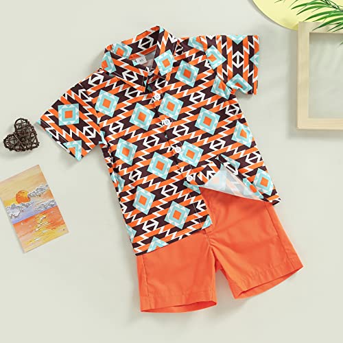 Toddler Baby Boy Clothes Shorts Set Dinosaur Print Shirt Short Sleeve Button Down Top Solid Shorts Summer Outfit (U-Geometric Patterns Orange, 3-4 Years) #TOP2