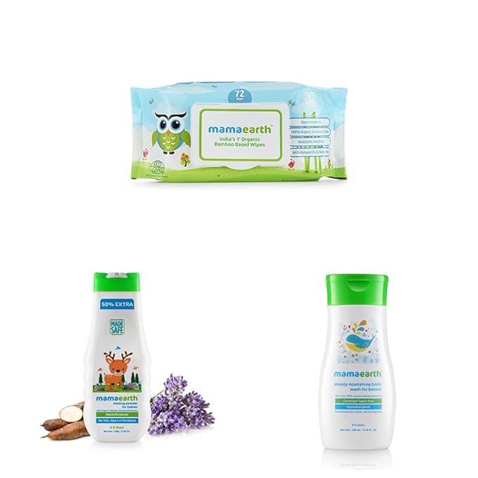 Mamaearth Indias First Organic Bamboo Based Baby Wipes (72 Wipes) & Deeply Nourishing wash for Babies (200 ml, 0-5 Yrs) & dusting Powder with Organic Oatmeal & Arrowroot Powder 150g Combo