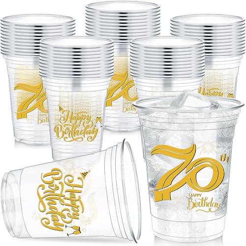 Yiyiring 60 Pcs 12 oz 70th Birthday Party Plastic Cups Clear Happy Birthday Disposable Plastic Cups Tumblers for Celebrating 70 Years Disposable Party Supplies