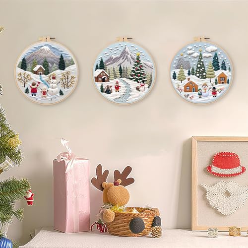 Image of LB Christmas Embroidery Kit for Beginners Adults, 3 Sets Hand Embroidery Starter Kit with Mountain Pattern and Instructions Stamped Cross Stitch Kits Include Embroidery Hoop Needles Threads Scissors