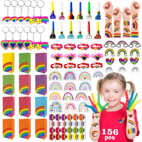 Leesgel Regenbogen Kindergeburtstag Spielzeug Set, 156 Stück Kleine Geschenke für Kinder mit Schlüsselanhänger Brosche Geschenketüte Temporäre Tattoos Aufkleber, Mitgebsel Partytüten Preise Spiele