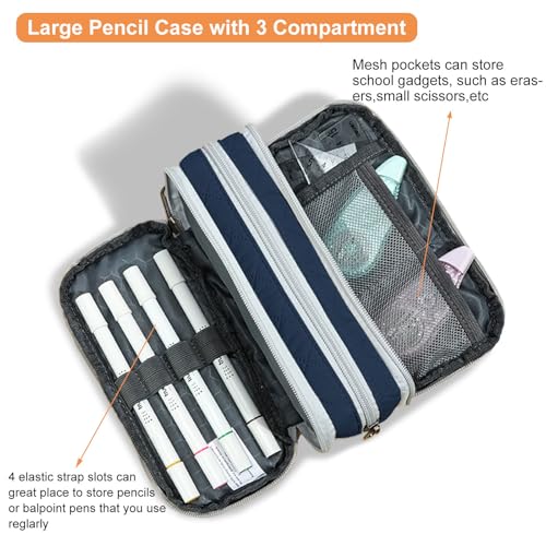Image of Della Gao Large Pencil Case, Big Capacity Pencil Pouch with 3 Compartments, Office Pencil Bag with Zipper, Big Pen Case for Adults (01-3SLLG)