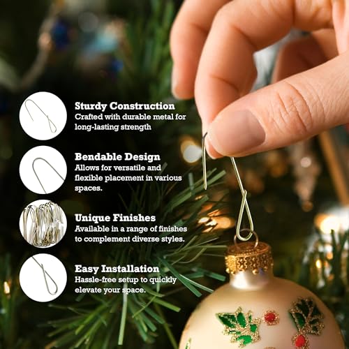 Letz Celebrate 300 Christmas Ornament Hooks | Sturdy & Flexible Metal Ornament Hangers for Tree | Metal Wire Christmas Hooks (Large - Silver)