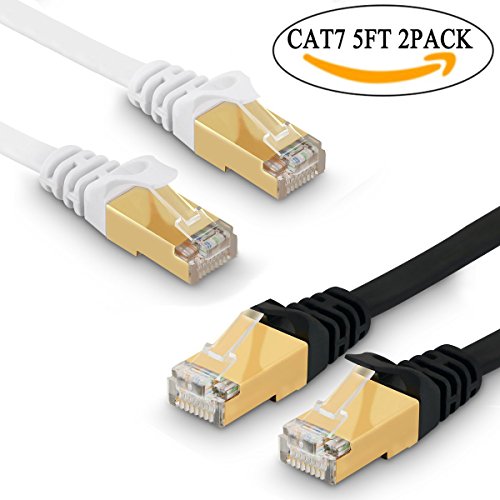 Cat 7 Ethernet Cable 5 ft 2 Pack - Fastest Cat7 Flat Ethernet Patch Cables 10GB - Internet Cable for Modem, Router, LAN, Computer, Switch - Compatible with Cat 5e, Cat 6 Network