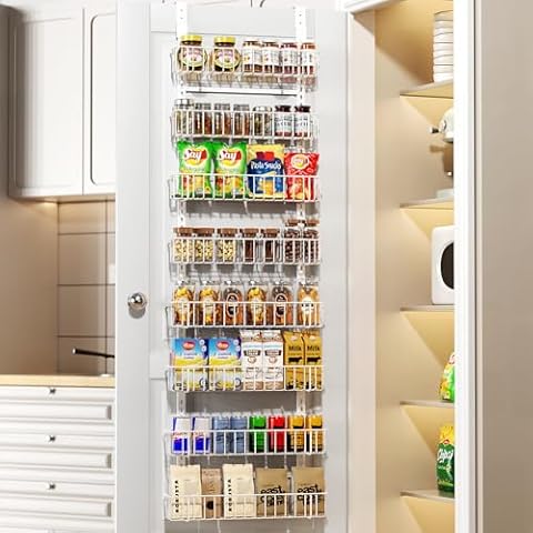 Delamu Adjustable Cabinet Door Organizer, 8-Tier Hanging Spice Rack Organizer, Metal Over the Door Pantry Organizer, Pantry Organizers and Storage Shelves for Kitchen Bathroom Laundry Room, White Cover