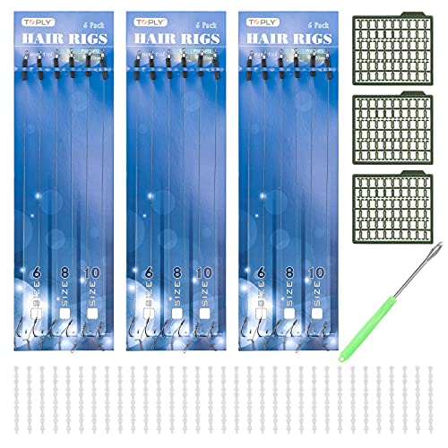 18 pcs Carpe Fishing Hair Rigs Crochet incurvé sans ardillon avec 3 pcs Hair Rig Extender 200 pcs Bouillettes Bait Stops et Hook Remover… Cover