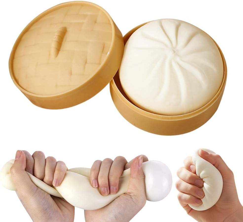 Dumpling Squishies Stress Ball, Soft Squeeze Decompression Ball with Steamer Box, Relaxation Gift (White)