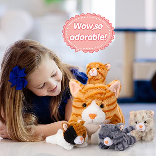 Skylety 5 Stück Plüsch Katzen Set Enthält Groß Katze Stofftier Weich Kuscheltier mit 4 Flauschig Plüschtier Kätzchen im Bauch Mama Katze zum Kuschel Schlaf Geburtstag Geschenk (Orange)