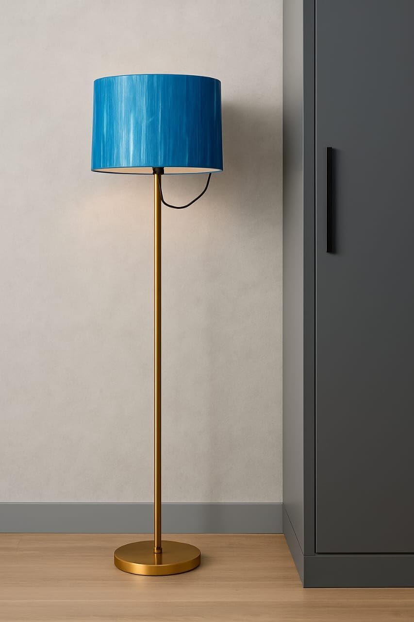 Modern Floor Lamp with Golden Metal Stand and Blue Fabric Shade for Living Room Bedroom Office Home Décor Corner Lighting Standing Lights 137 cm-image-24