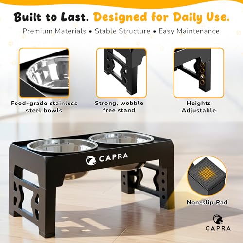 CAPRA Dog Bowls with Stand, Raised Dog Bowl Feeder with 2 Large 1300ml Stainless Steel Bowls, Adjustable Height, Foldable, Non-Slip, Easy Clean for All Dog Sizes (Bowls+Stand+Mat) - Image 4