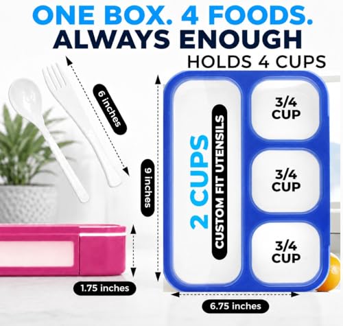 Image of kinsho Bento Lunch Box for Kids Adults, 4 Sealed Divided Compartments, Portion Control Meal or Snack Containers for Boys Girls Women Men, School Work BPA Free with Utensils, Blue + Rose Pink 2 Pack