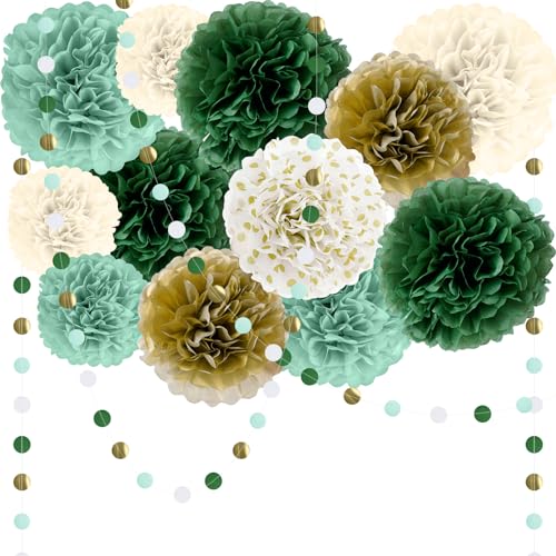 Pompones de Papel Decoración Cumpleaños Verde y Dorado, 15 Piezas Flores de Papel de Seda con Guirnalda para Baby Shower, Comunión, Mesa Dulce, Adornos Bautizo, Boda y Fiesta
