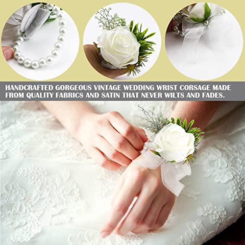 White Ivory Artificial Rose Wrist Corsage and Boutonnier Set - Image 4
