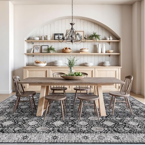 Vintage 10x14 Washable Area Rug: Large Living Room Rugs Indoor Soft Stain Resistant Carpet with Non-Slip Backing for Bedroom Dining Room Farmhouse Low Pile Floor Mat for King Size Bed (10x14 Black)