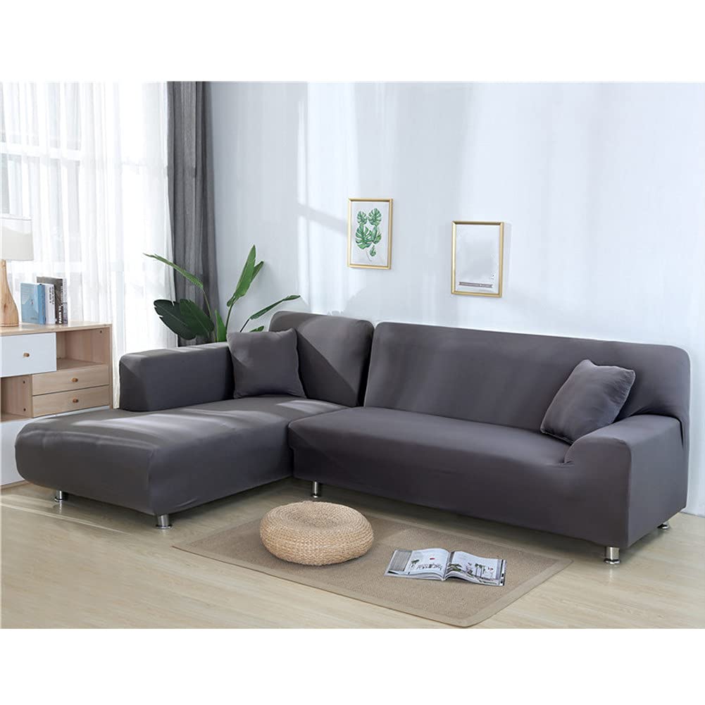 Hiseng Copertura Divano Elasticizzato Chaise Longue Copridivano Angolare Antiscivolo Copridivano Componibile per Divano a Forma di L 2 Pezzi Universale Protettore (Grigio,2 posti + 3 posti)