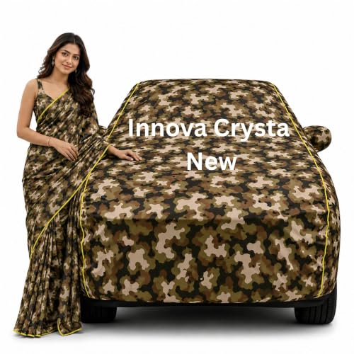 Image of 100% Waterproof Car Cover for Innova Crysta New All Weather Protection with Mirror Pocket Inner Cotton Layer Triple Stitched Cover with Adjustable Belt Bottom Elastic to Secure Fit-Jungle