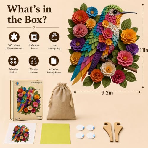 Hopelucr Wooden Puzzles for Adults, Floral Hummingbird Jigsaw Puzzles for Adults 200 Pieces, Unique Animal Shaped Wood Puzzles, Fun Challenging Puzzle Gift for Friends Family Game Home Decor 11x9.2 in - Image 6
