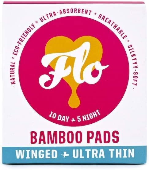 FLO Organic Bamboo Sanitary Period Pads with Wings - 100 Percent Organic, Soft, Silky, Ultra-Absorbent & Biodegradable Period Pads - Ultra-Thin - Combo Pack 10 Day & 5 Night Pads