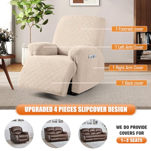 Image of VANSOFY Oversized Recliner Chair Cover, 4-Pieces Stretch Recliner Covers for Recliner Chair Soft Reclining Chair Slipcover Jacquard Pattern Furniture Protector for Dogs Cats(Cream)