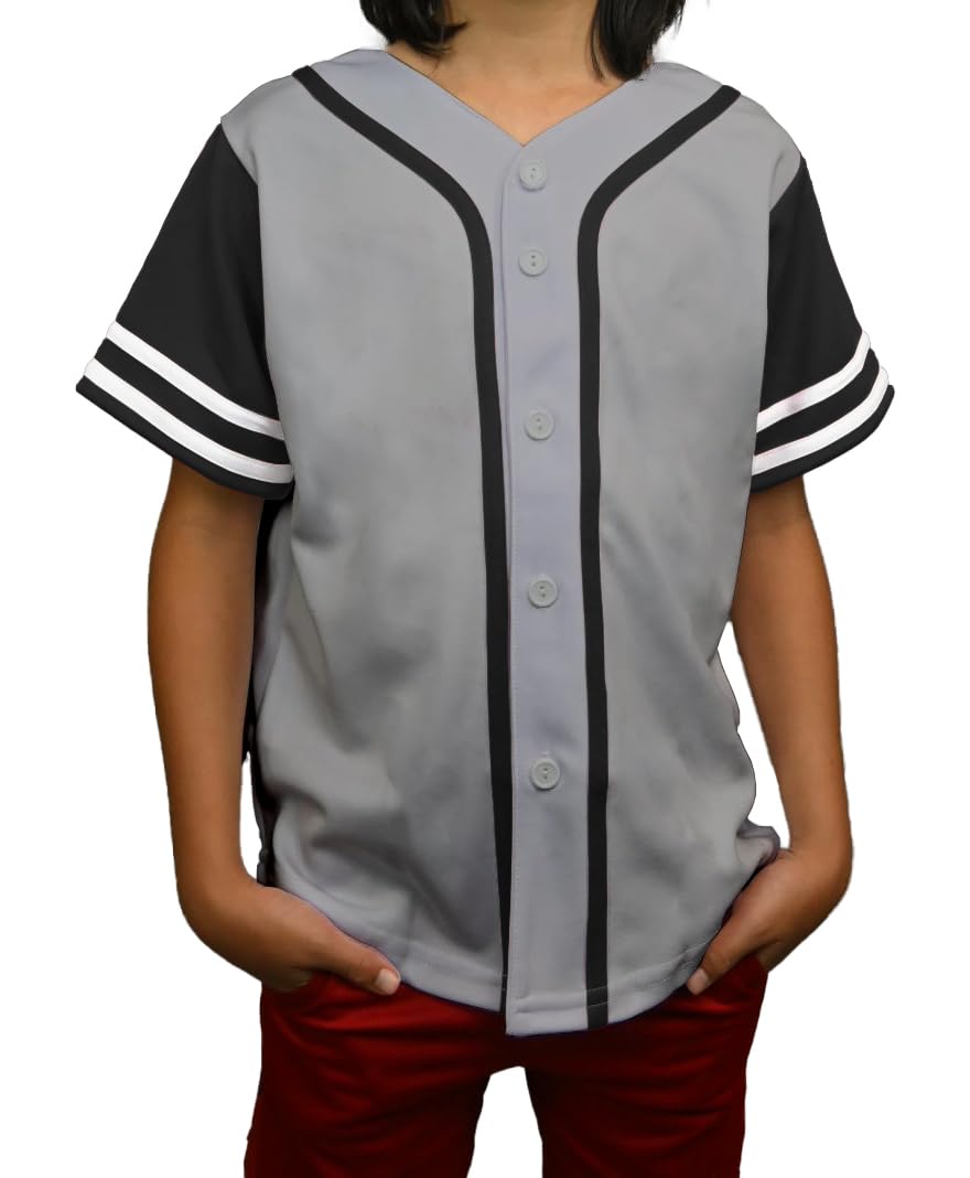 DIGITMON Kids Baseball Jersey Button Down Premium Sleeve Two-Striped T Shirts Uniform GREYBLACK for 12y Teenagers