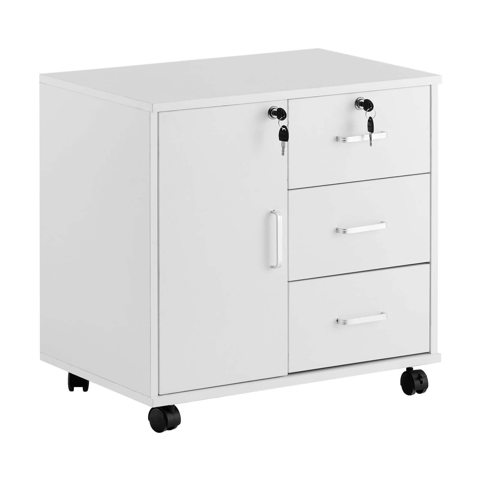 Rollcontainer Aktenschrank aus Holz, Abschließbar Büroschrank mit 3 Schubladen und Tür, Vertikale Büro-Aktenschränke mit Rollen für Büro Arbeitszimmer Wohnzimmer, 40×60×57 cm, Weiß