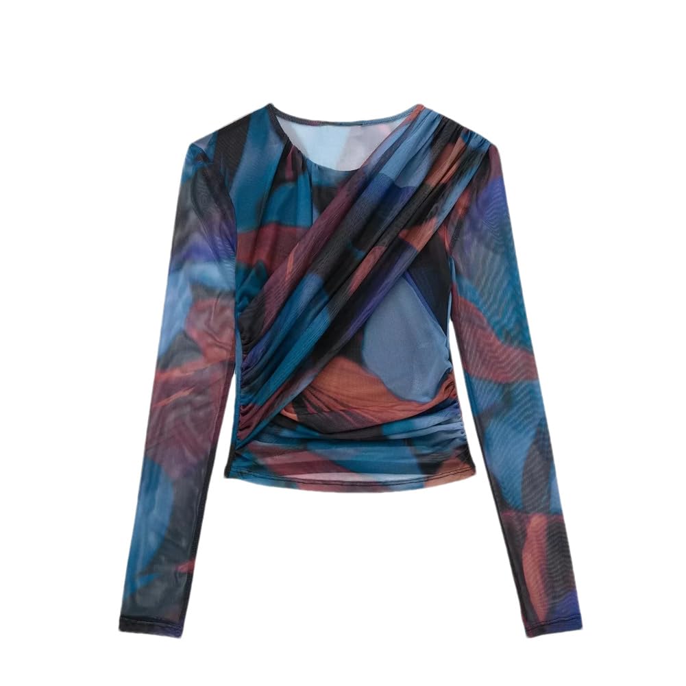 Vintage Tie Dye Slim Shirt Suit For Women Long Sleeve Crewneck Shirt Tops Long Pleated Skirt Sets