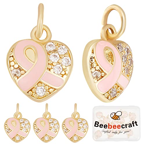 Beebeecraft 1 Box 15Pcs Heart Pink Ribbon Charms 18K Gold Plated Brass Breast Cancer Awareness Cubic Zirconia Pendants Charm with Jump Ring for DIY Jewelry Craft Making Supplies