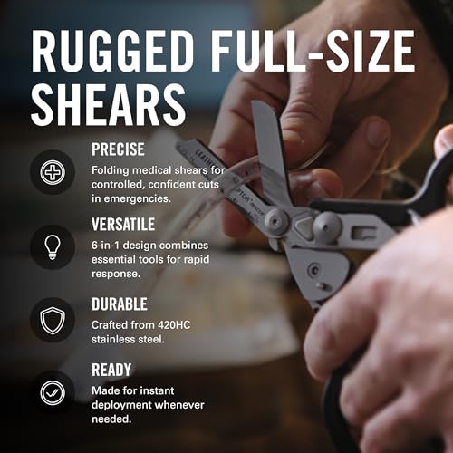 Image of LEATHERMAN, Raptor Rescue, 6-in-1 Heavy-Duty Emergency /Trauma Shears with Carbide Glass Breaker & Strap Cutter, Made in the USA, Utility Sheath Included, Blue /Yellow, With Utility Holster