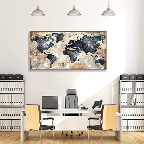 Framed Wall Art World Map Wall Art Print Picture Wall Art Decor Home Interior - Map Picture For Office Wall Decor Travel Memory Nautical Map Decor Canvas Artwork 20X40Inch Ready To Hang （Framed） #TOP4