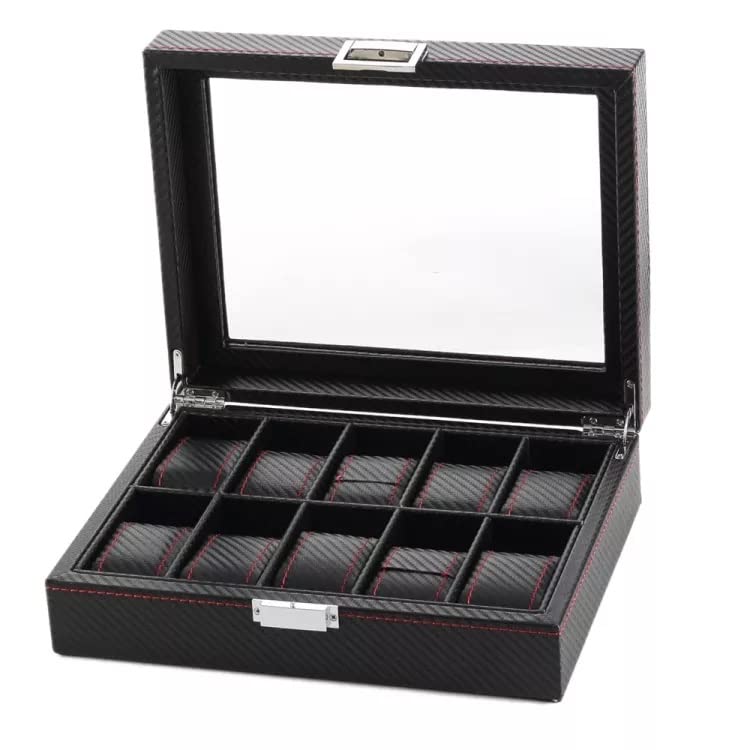 RJ Displays-Watch Box Storage Display Case Organizer Glass Top For Men 10 Slot Watch Holder Black/Grey Carbon Fiber,& Faux Leather.. Groomsmen Wedding Fathers day Gift