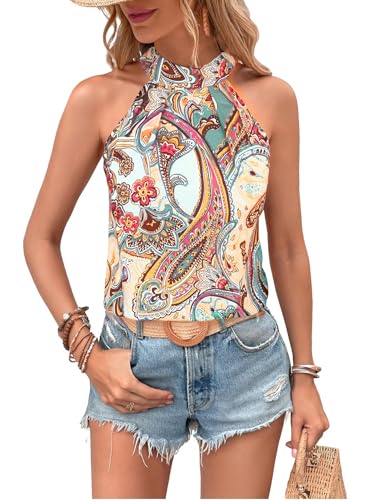 Image of RoseSeek Women's Tropical Paisley Halter Blouse Boho Shirt Vacation Tops