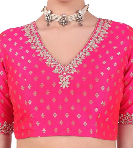 Image of Studio Shringaar Women's Brocade Embroidered V-Neck Readymade Elbow Length Sleeves Saree Blouse
