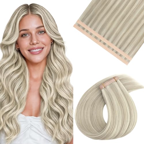 Image of GOO GOO Tape In Weft Hair Extensions Human Hair, Genius PU Long Weft Tape In Hair Extensions Real Human Hair, Silky Easy to Use, P17A /60A Ash Blonde Highlighted Platinum Blonde 18 inch 60g 2pcs