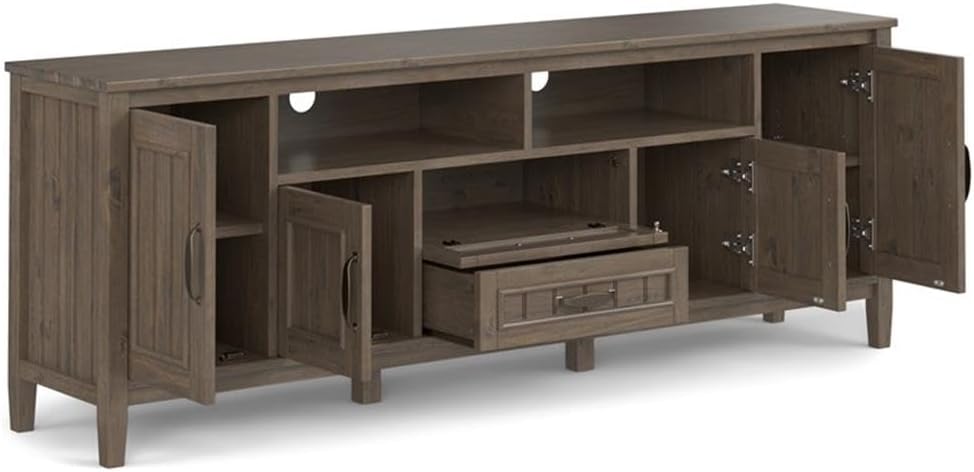 SIMPLIHOME Lev TV Stand - 72 inch Wide Solid Wood Media Console in Smoky Brown, Contemporary Entertainment Center for Living Room for TVs up to 80 Inches with Drawers, Cabinets, and Cable Management