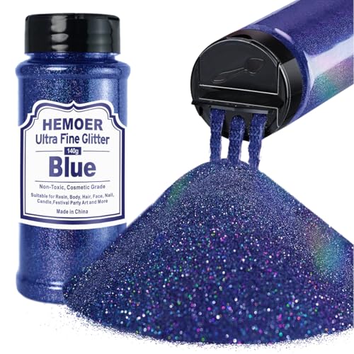 HEMOER Azul Purpurina Holográfica Ultrafina 140g, Purpurina en Polvo Iridiscente Metálica para Manualidades, Vasos, Resina, artes de Pintura, Epoxi, Cosméticos