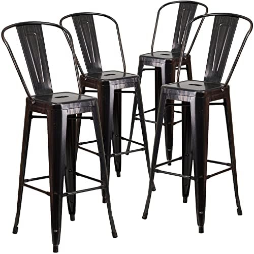 Flash Furniture Lily Barhocker mit Abnehmbarer Rückenlehne, 76,2 cm hoch, Metall, für drinnen und draußen, Schwarz, Antikgold, 4 Stück