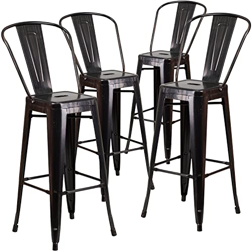 Flash Furniture Confezione da 4 sgabelli da bar con schienale, qualità professionale, altezza bancone di 76,2 cm, in plastica e acciaio zincato, nero anticato/oro, per ambienti interni ed esterni