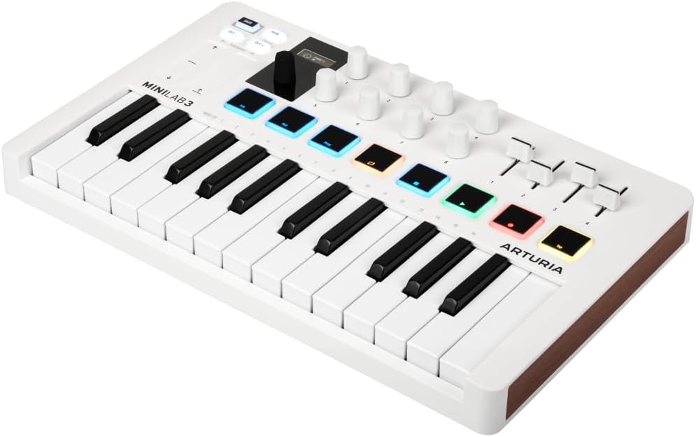 Arturia MiniLab 3, 25 Slim-Key USB-C Midi Controller with 5-Year Warranty, 8 Backlit LED Pads, 8 Knobs, 4 Faders, Midi Out, Built-in Arpeggiator, Chord mode and Music Production Software Bundle