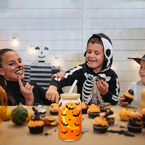 Halloween Gläser, 500ml Trinkbecher mit Deckel und Strohhalm, Fledermaus Muster Eiskaffeetasse, Helloween Glas, Kaffee Glasbecher Glas Tasse Halloween Frauen Geschenke Freunde