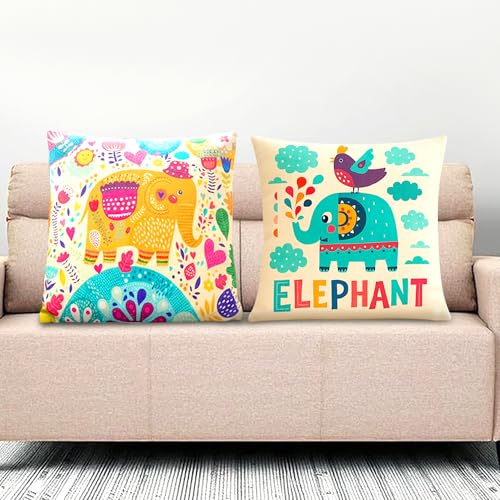 Image of GLUN 2 Piece Polycotton Cushion Covers, Multicolour Bohemian Elephant Print, 16 x 16 Inch Size Covers, Playful Cushion Covers for Sofa & Living Room Decor