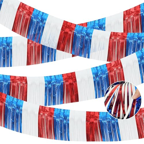 Image of 4 Packs Total 39 Feet 4th of July Parade Floats for Trailer Car, Red White Blue Foil Fringe Garland Patriotic Tinsel Streamers Banner Table Skirts for Graduation Homecoming Wedding Birthday Party